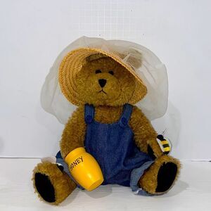 Vintage Brown Teddy Bear in Blue Overalls with Yellow Honey Pot Hat & Bee's